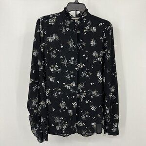 H&M Blouse Black Floral Long Sleeve Womens Ruffled Crew Button Down Shirt Size 0